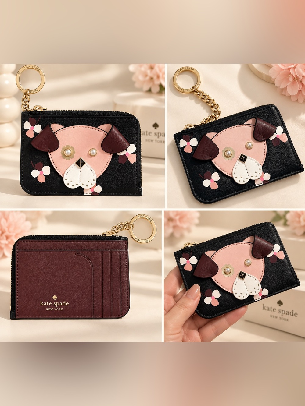 kate spade Black Card Case Key Ring with Pink Dog Appliqué